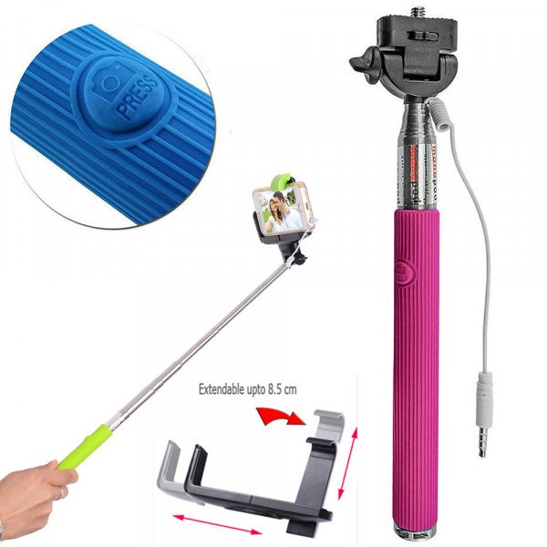 Wholesale Wired Selfie Stick with Remote Large Clip (Hot Pink)